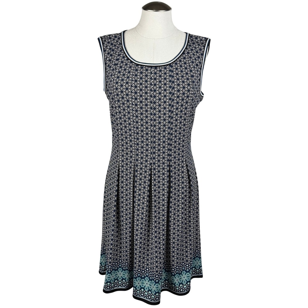 Max Studio Womens Dress Large Blue‎ White Geometric Print Sleeveless Lined Dress